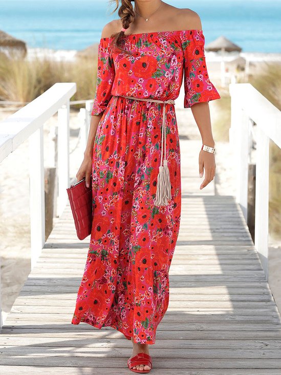 Women Floral Halter Half Sleeve Comfy Vacation Maxi Dress