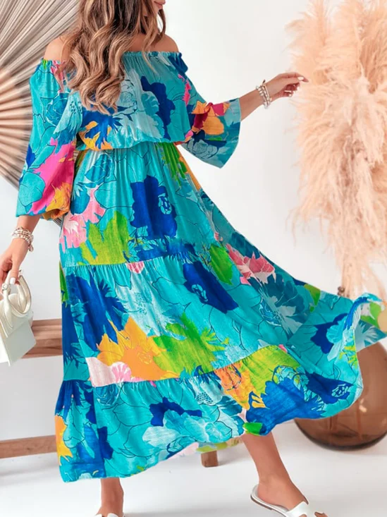 Women Floral Boat Neck Long Sleeve Comfy Casual Maxi Dress