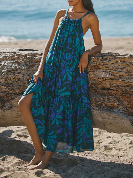 Women Plants Halter Sleeveless Comfy Vacation Maxi Dress