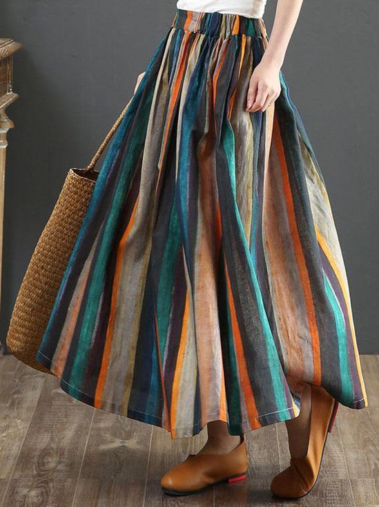 Casual Striped A-Line Natural Maxi Skirt