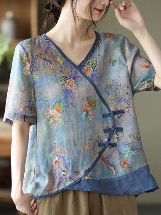 V Neck Short Sleeve Floral Regular Regular Fit Shirt For Women