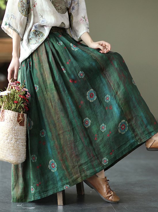 Vacation Floral A-Line Natural Maxi Skirt