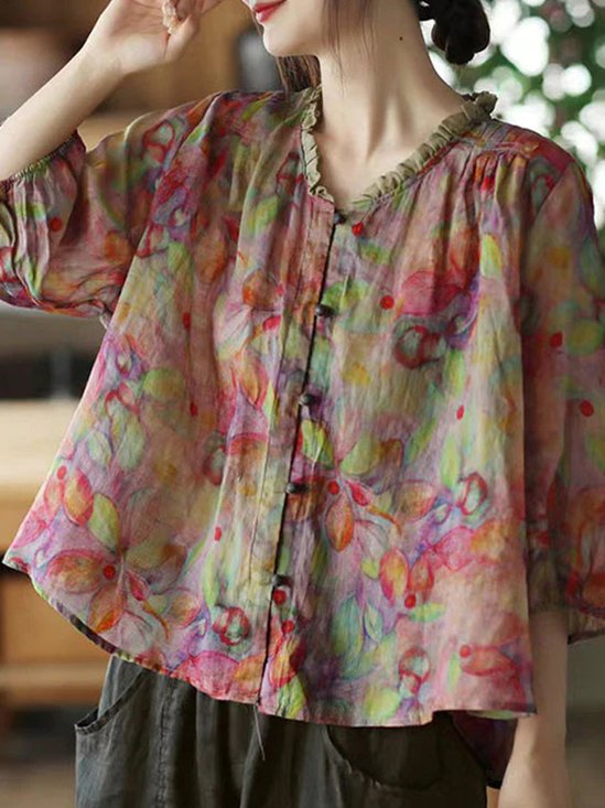 Crew Neck Three Quarter Sleeve Abstract Regular Loose Blouse For Women