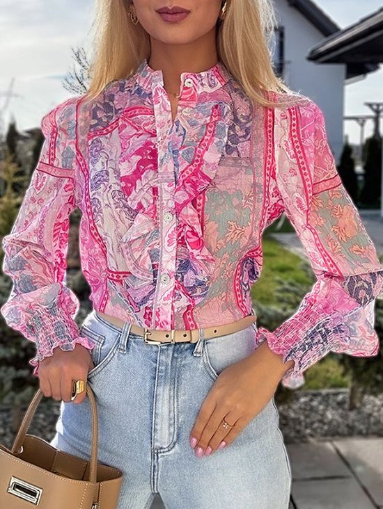 Stand Collar Long Sleeve Ethnic Regular Loose Blouse For Women