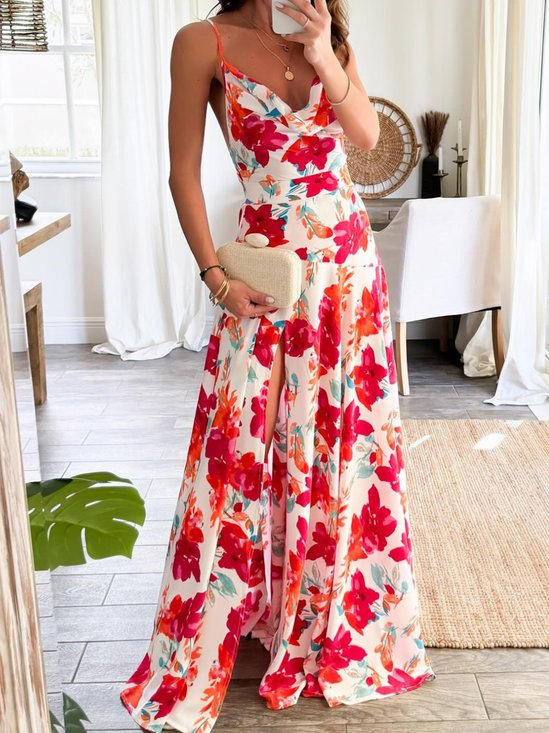 Women Floral V Neck Gallus Comfy Vacation Maxi Dress
