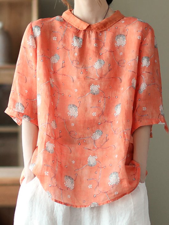 Shawl Collar Half Sleeve Floral Regular Loose Shirt For Women