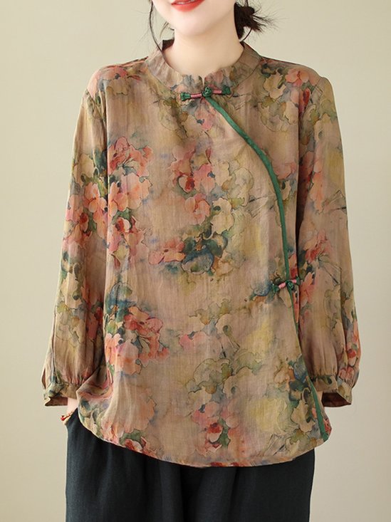 Stand Collar Three Quarter Sleeve Floral Regular Loose Shirt For Women