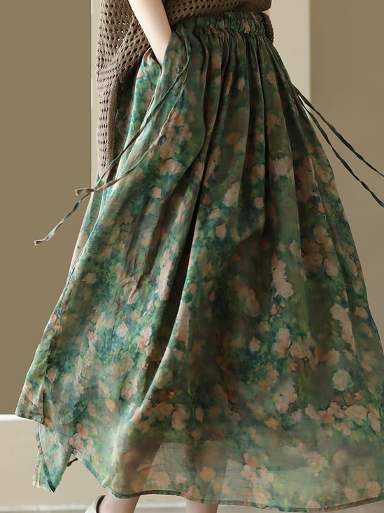Casual Floral A-Line Natural Maxi Skirt