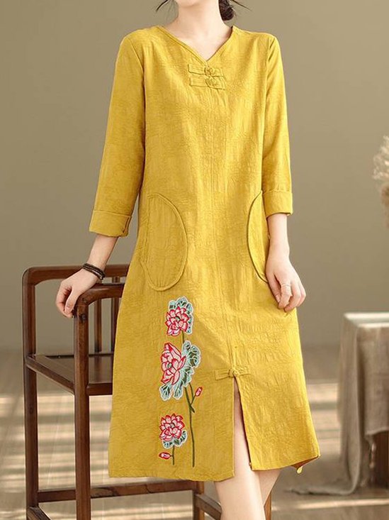 Women Floral V Neck Long Sleeve Comfy Casual Embroidery Midi Dress