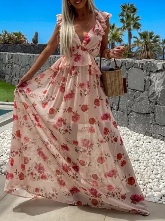 Women Floral V Neck Sleeveless Comfy Vacation Maxi Dress