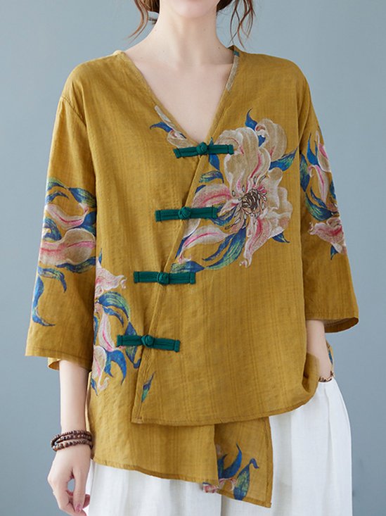 V Neck Half Sleeve Floral Regular Loose Shirt For Women