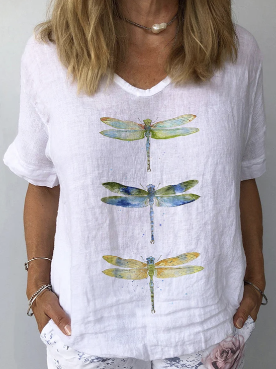 V Neck Short Sleeve Dragonfly Regular Loose Shirt For Women