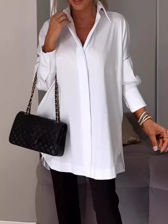 Shirt Collar Long Sleeve Plain Regular Loose Blouse For Women