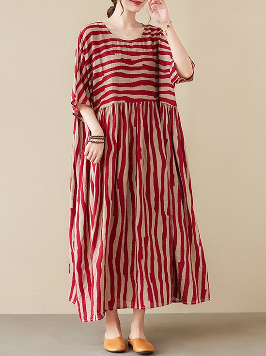 Women Striped Square Neck Short Sleeve Comfy Casual Maxi Dress