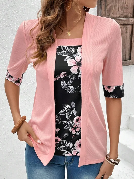 Square Neck Short Sleeve Floral Regular Micro-Elasticity Loose Mock Two-Piece Blouse For Women