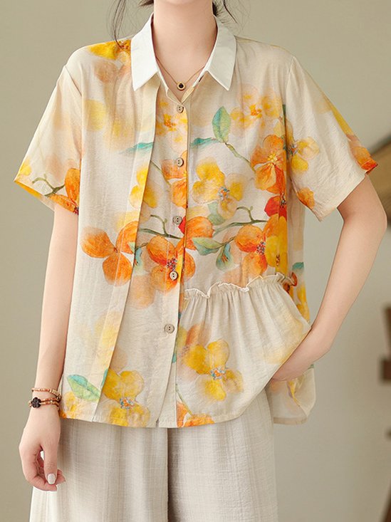 Stand Collar Short Sleeve Floral Regular Loose Blouse For Women