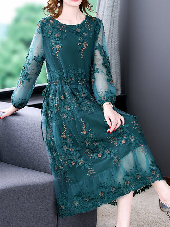Women Plain Square Neck Long Sleeve Comfy Casual Embroidery Maxi Dress