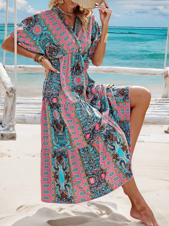 Women Ethnic V Neck Short Sleeve Comfy Vacation Maxi Dress