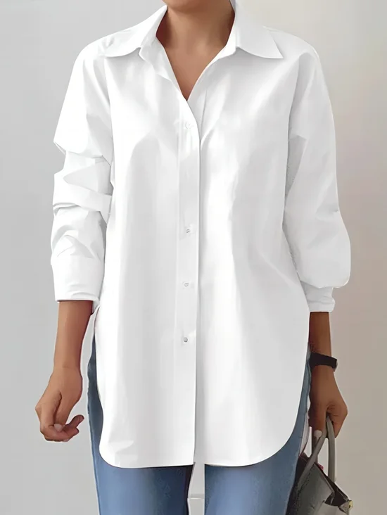 Shirt Collar Long Sleeve Plain Buckle Regular Loose TUNIC Shirt For Women