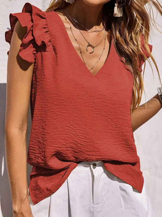 V Neck Ruffled Sleeves Sleeveless Plain Regular Micro-Elasticity Regular Fit Shirt For Women