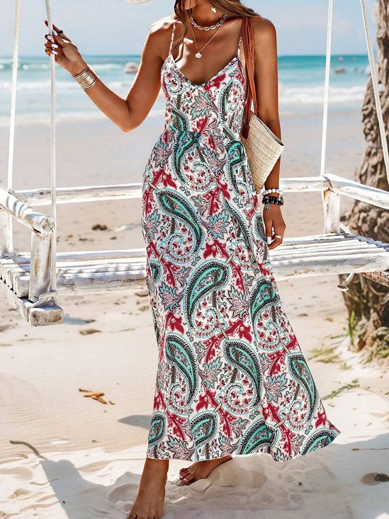 Women Ethnic Spaghetti Gallus Comfy Vacation Maxi Dress