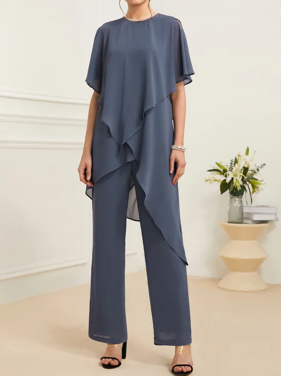Women Plain V Neck Half Sleeve Comfy Elegant Top With Pants Two-Piece Set