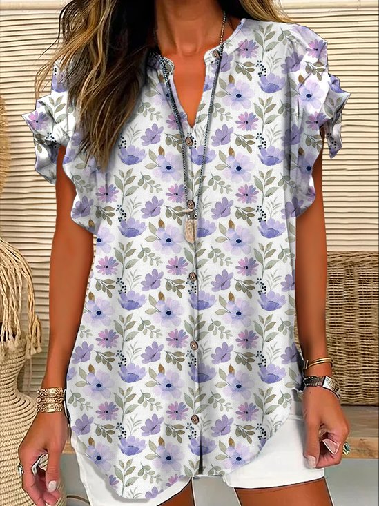 V Neck Short Sleeve Floral Regular Micro-Elasticity Loose Shirt For Women
