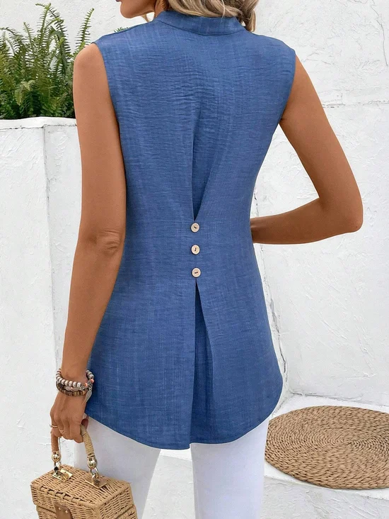 Notched Sleeveless Plain Buttoned Regular Loose TUNIC Shirt For Women