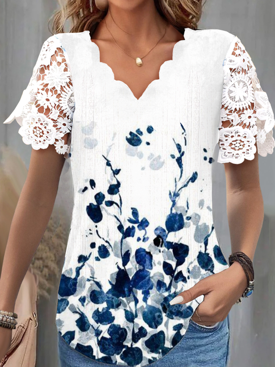 Lace Collar Short Sleeve Floral Lace Regular Loose Shirt For Women