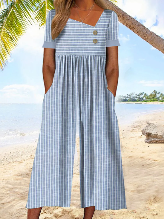 Women Short Sleeve Asymmetrical Loose Ankle Pants Buckle Daily Vacation Striped Natural Jumpsuit
