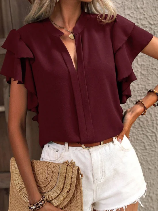 V Neck Short Sleeve Plain Regular Loose Shirt For Women