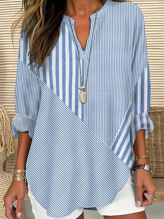 Notched Long Sleeve Striped Regular Loose Shirt For Women