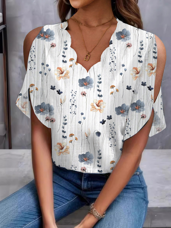 Lace Collar Short Sleeve Floral Regular Loose Shirt For Women