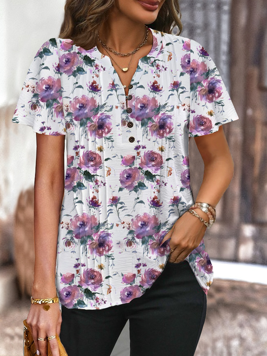 Short Sleeve Floral Regular Loose Shirt For Women