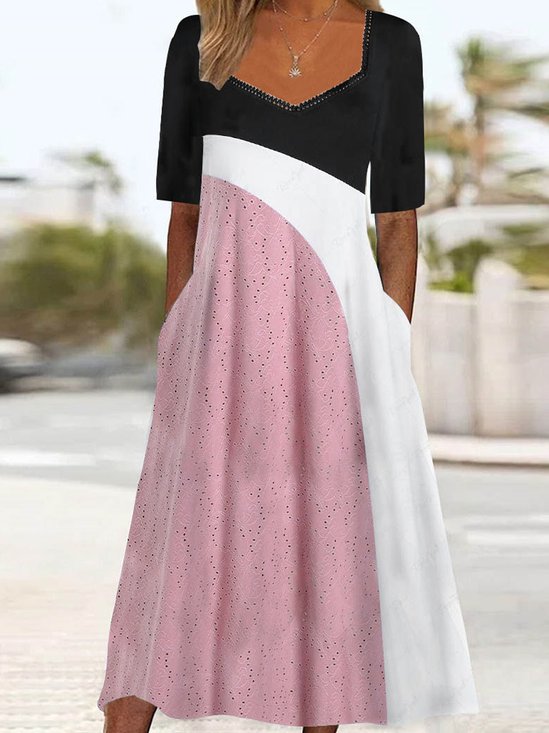 Women Color Block V Neck Short Sleeve Comfy Casual Maxi Dress