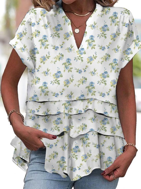 V Neck Short Sleeve Floral Regular Micro-Elasticity Loose Shirt For Women