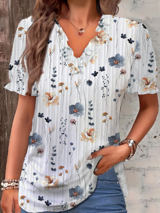 Lace Collar Short Sleeve Floral Regular Loose Shirt For Women