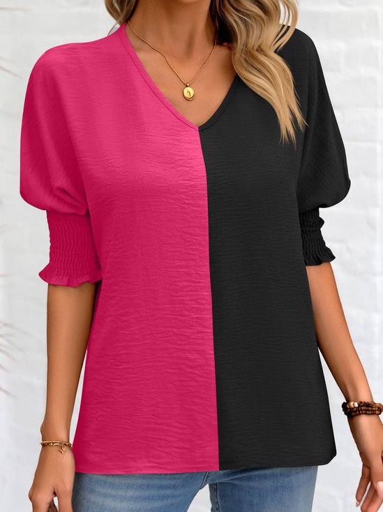V Neck Half Sleeve Color Block Regular Micro-Elasticity Loose Shirt For Women