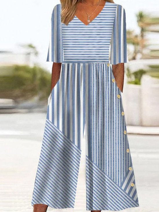 Women Half Sleeve V Neck Loose Ankle Pants Buckle Daily Vacation Striped High Waist Jumpsuit