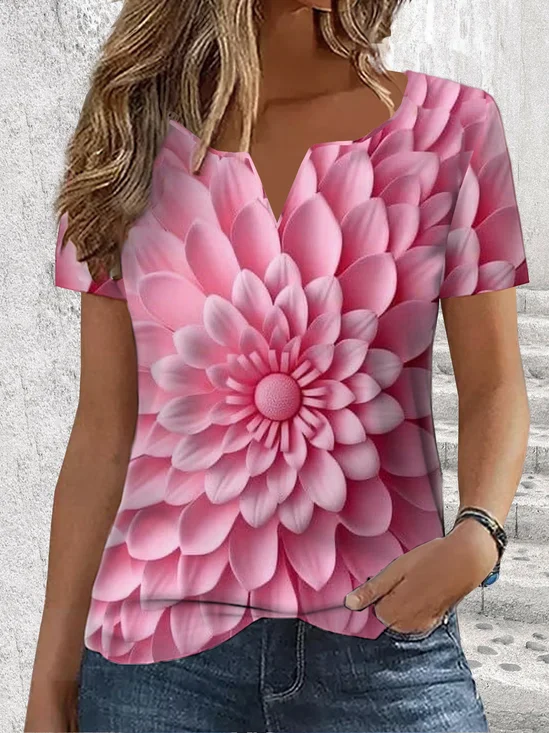 Casual Floral Notched Short Sleeve T-shirt