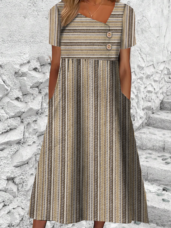 Women Striped Asymmetrical Short Sleeve Comfy Casual Maxi Dress