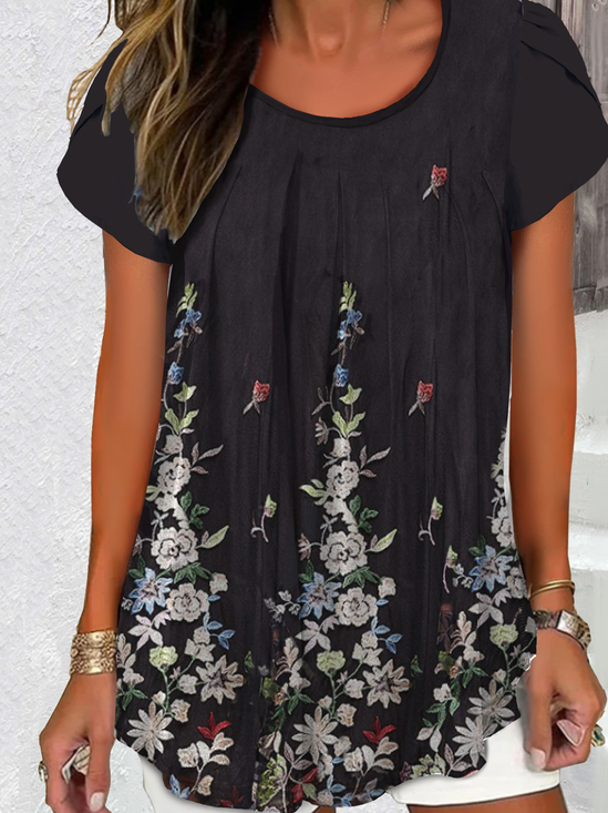 Crew Neck Short Sleeve Floral Embroidery Regular Loose Blouse For Women