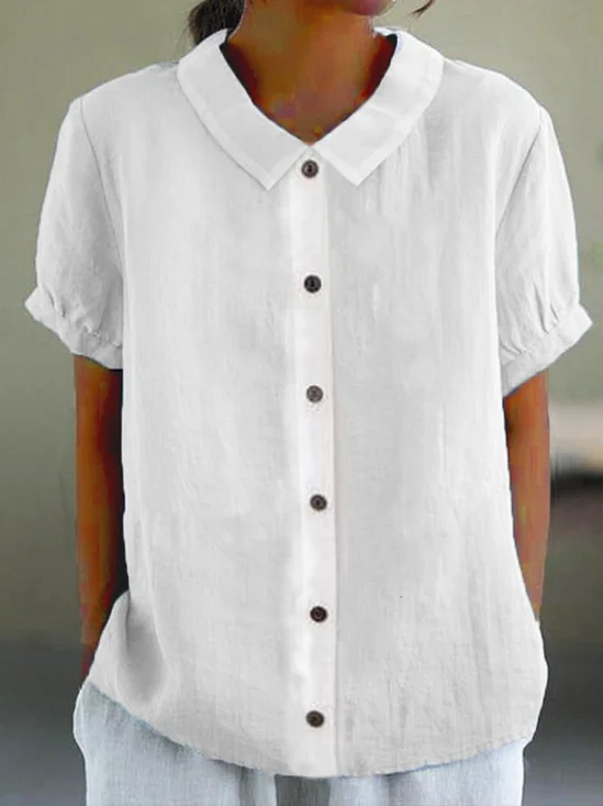 Shawl Collar Short Sleeve Plain Regular Loose Shirt For Women