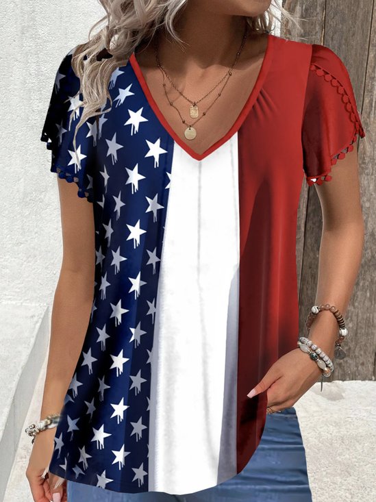 V Neck Short Sleeve America Flag Lace Regular Micro-Elasticity Loose Shirt For Women