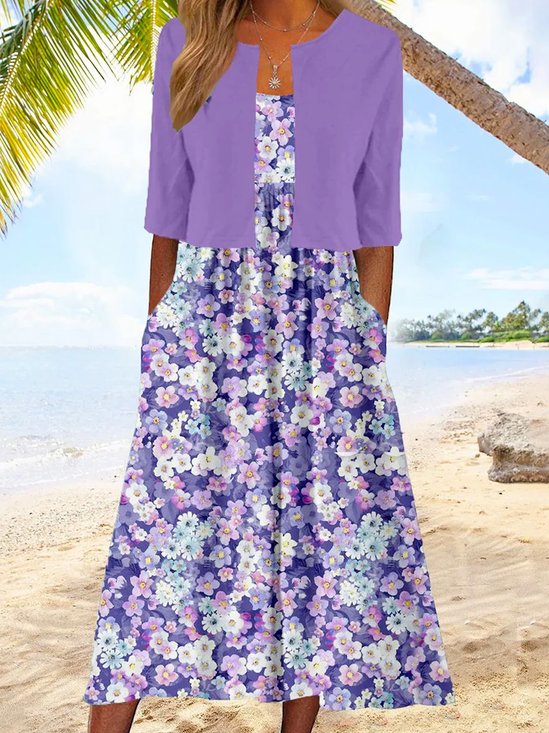 Women Small Floral Crew Neck Half Sleeve Comfy Vacation Coat With Skirt Two-Piece Set