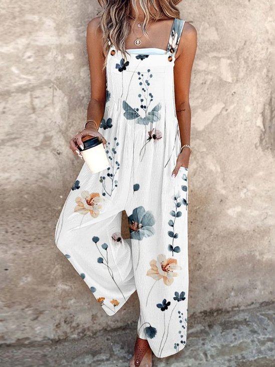Women Gallus Spaghetti Loose Long Daily Vacation Floral Natural Overall Jumpsuit