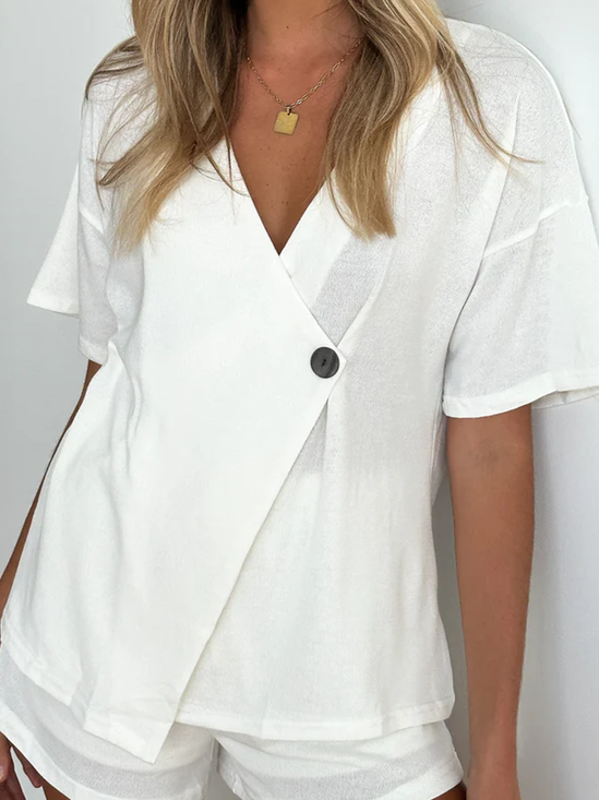 Asymmetrical Short Sleeve Plain Regular Loose Shirt For Women