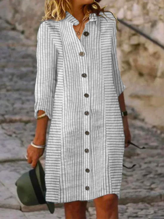 Women Striped Shirt Collar Three Quarter Sleeve Comfy Casual Short Dress
