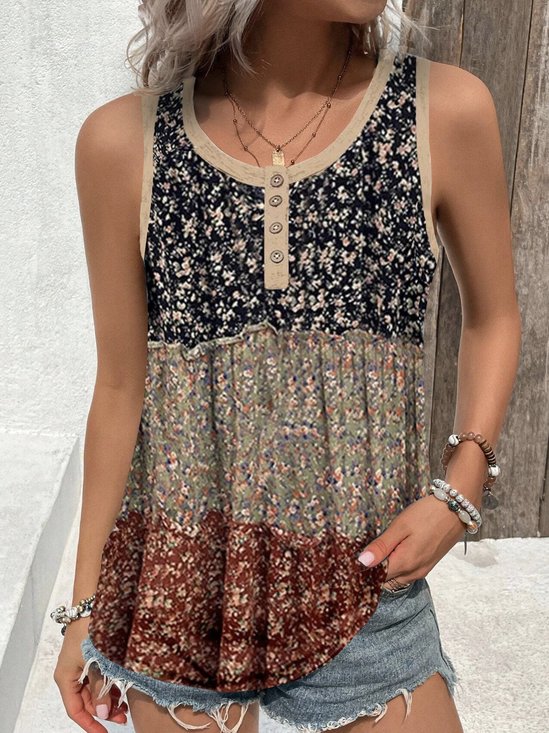 Casual Crew Neck Floral Tank Top