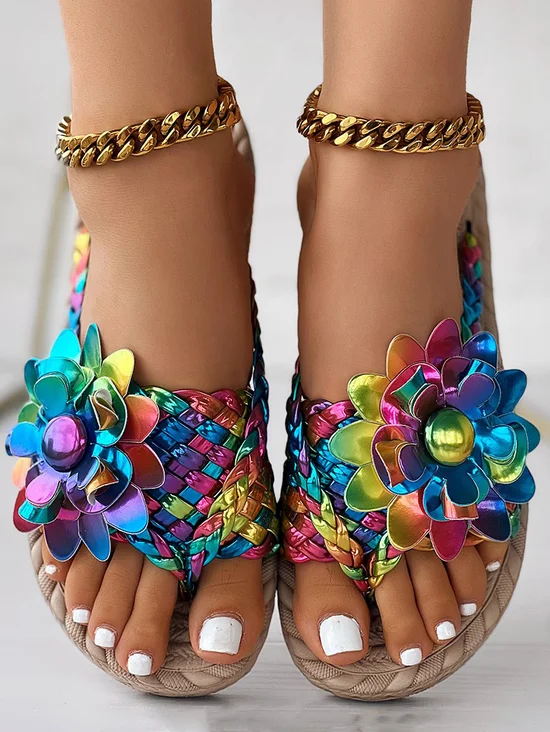Casual Floral Slip On Flat Heel Slide Sandals Applique